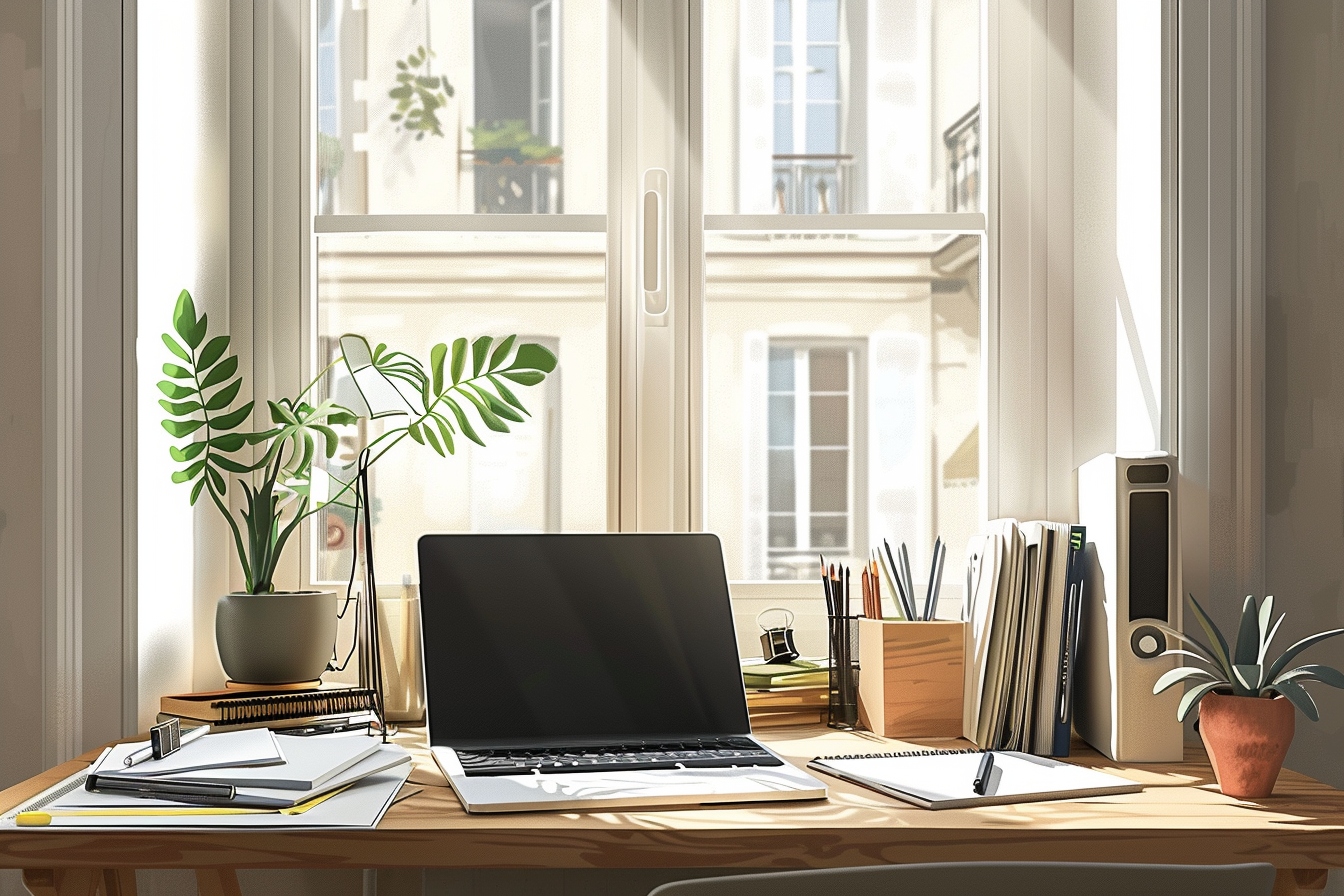 Vue aérienne d'un coin bureau fonctionnel et élégant aménagé dans un petit appartement à Issy-les-Moulineaux, optimisant l'espace disponible.